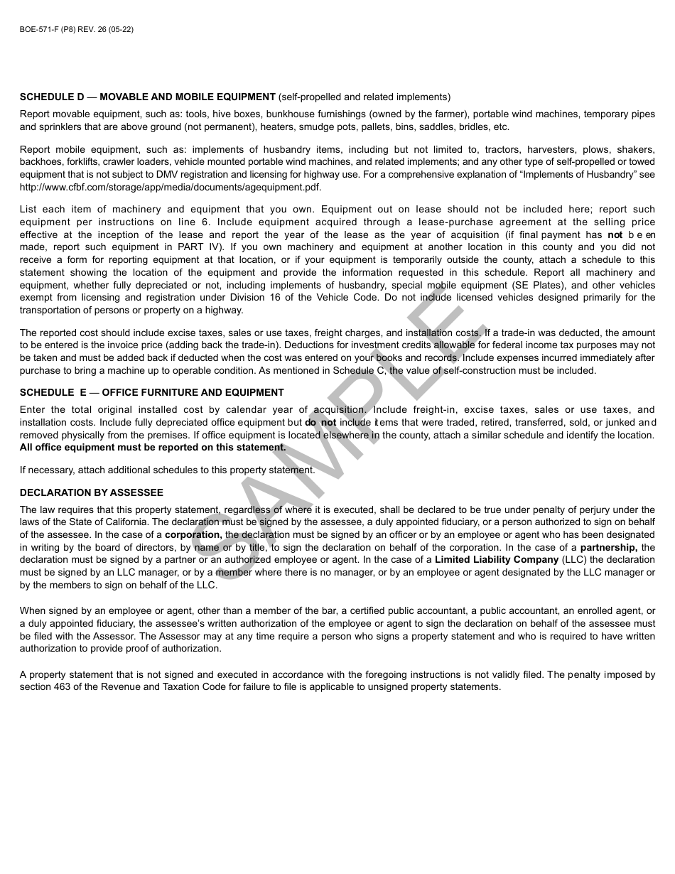 Form BOE-571-F Agricultural Property Statement - Sample - California, Page 8