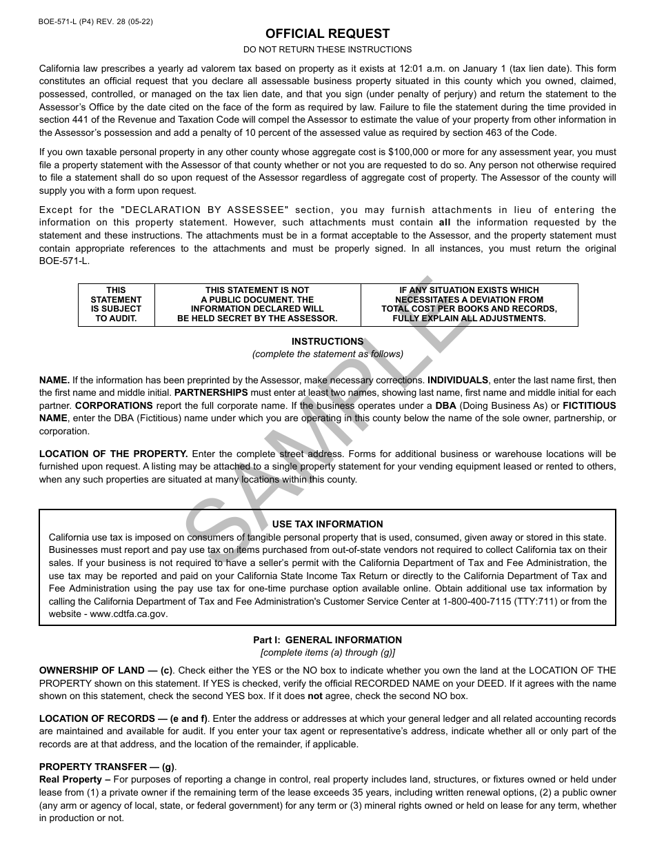 Form BOE-571-L Business Property Statement, Long Form - Sample - California, Page 4