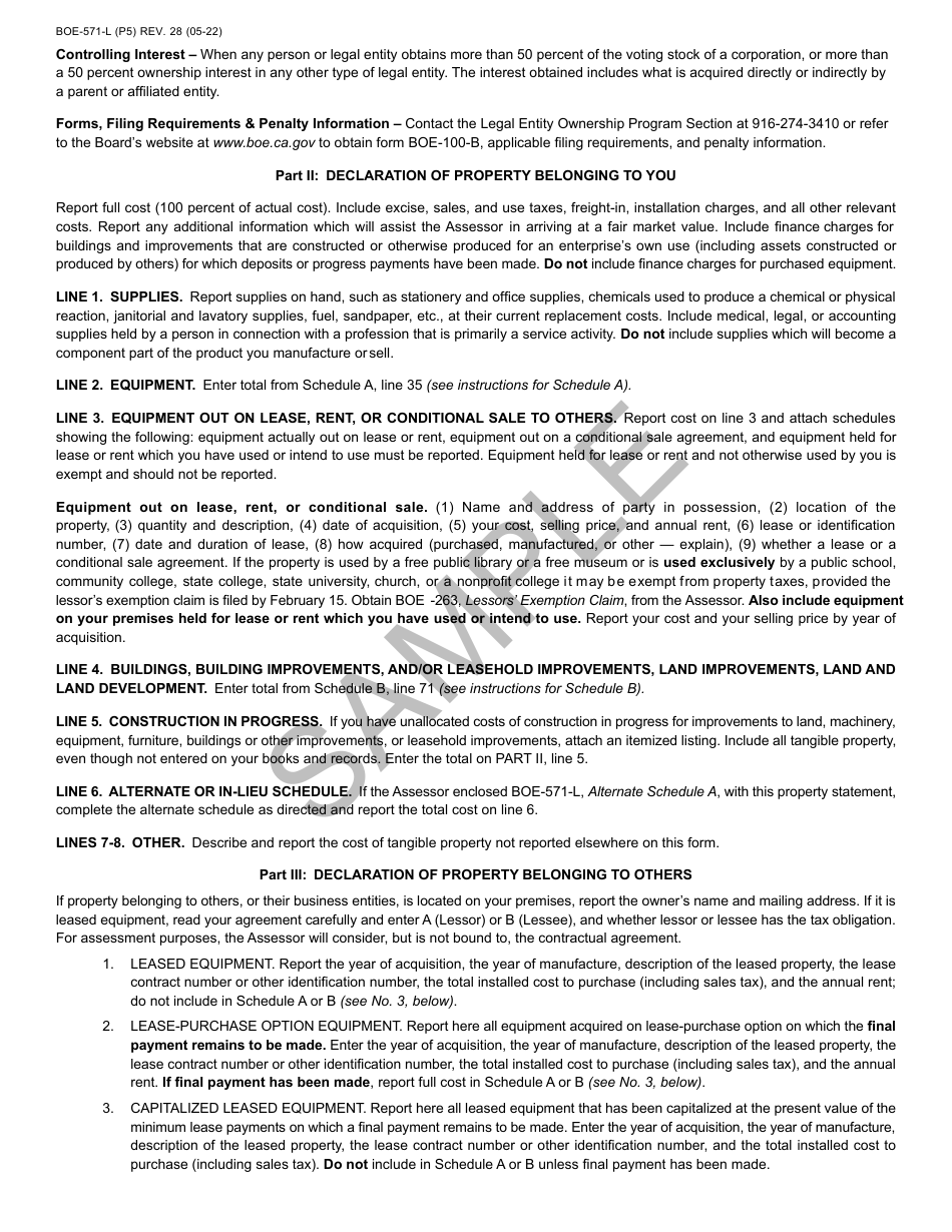 Form BOE-571-L Business Property Statement, Long Form - Sample - California, Page 5