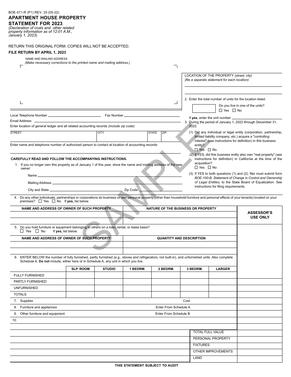 Form BOE-571-R Apartment House Property Statement - Sample - California, Page 1