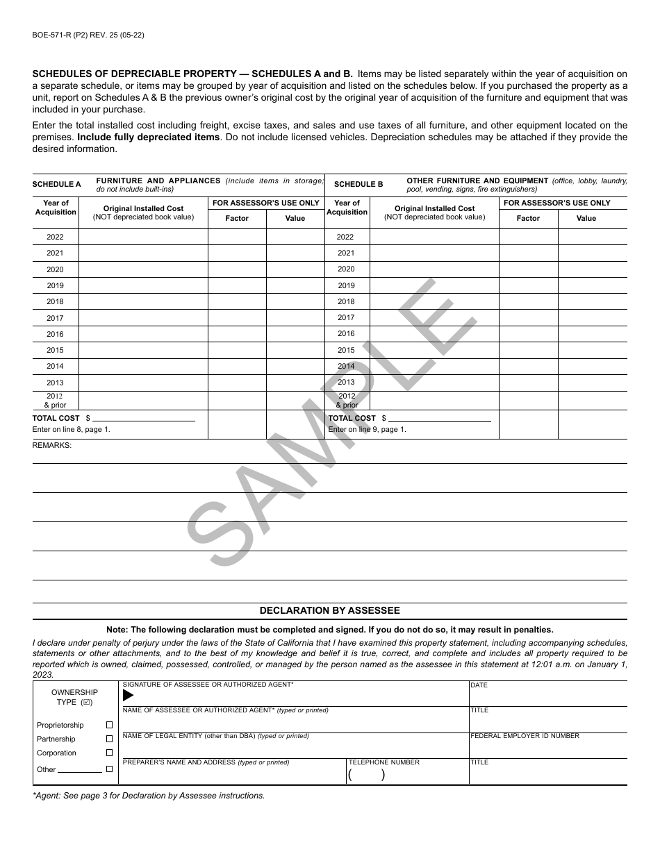 Form BOE-571-R Apartment House Property Statement - Sample - California, Page 2
