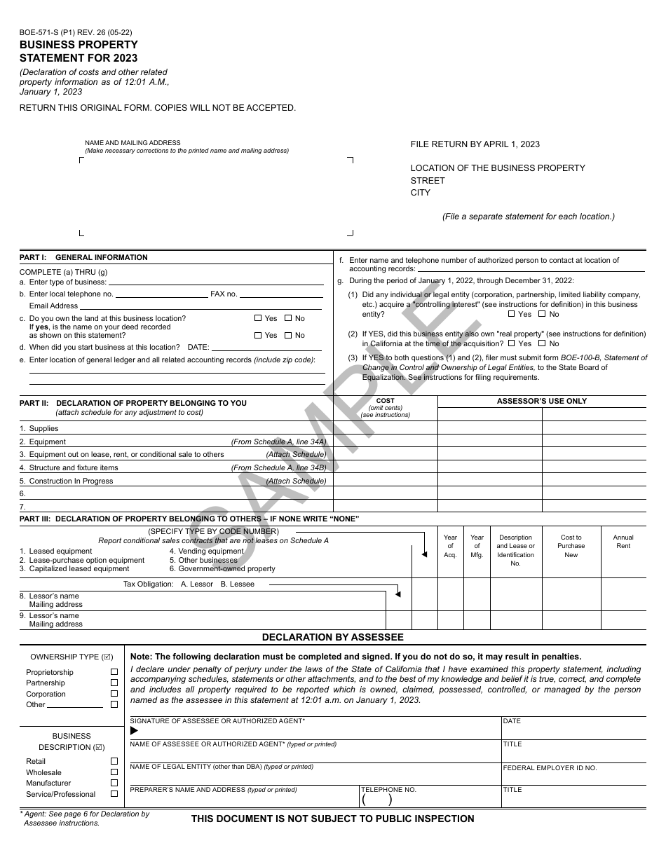 Form BOE-571-S Business Property Statement - Sample - California, Page 1