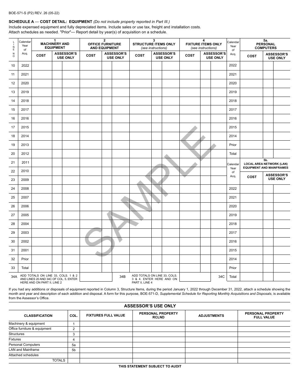 Form BOE-571-S Business Property Statement - Sample - California, Page 2