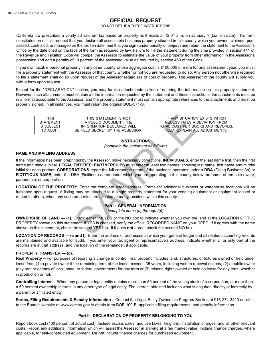 Form BOE-571-S Business Property Statement - Sample - California, Page 3