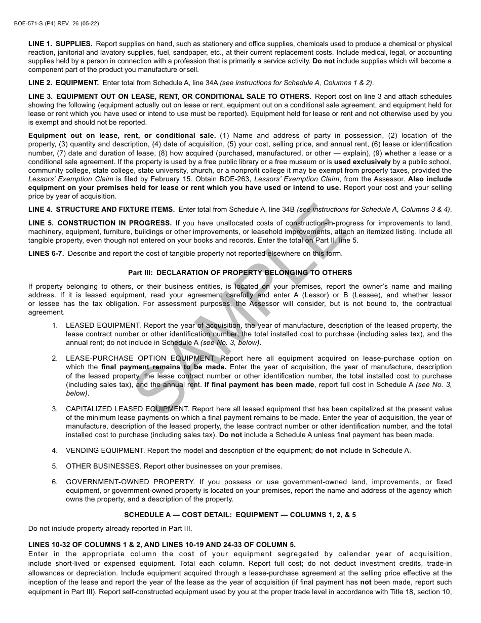 Form BOE-571-S Business Property Statement - Sample - California, Page 4