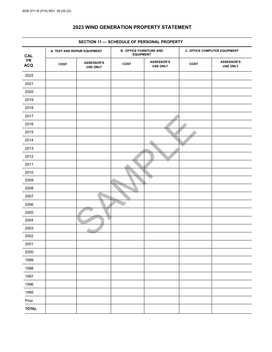 Form BOE-571-W Wind Generation Property Statement - Sample - California, Page 10
