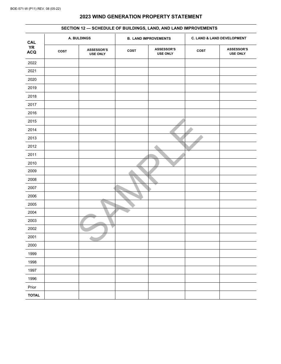 Form BOE-571-W Wind Generation Property Statement - Sample - California, Page 11