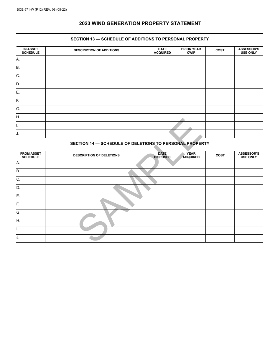 Form BOE-571-W Wind Generation Property Statement - Sample - California, Page 12