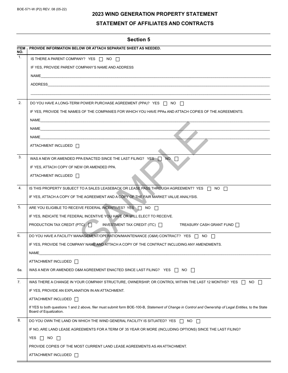 Form BOE-571-W Wind Generation Property Statement - Sample - California, Page 2