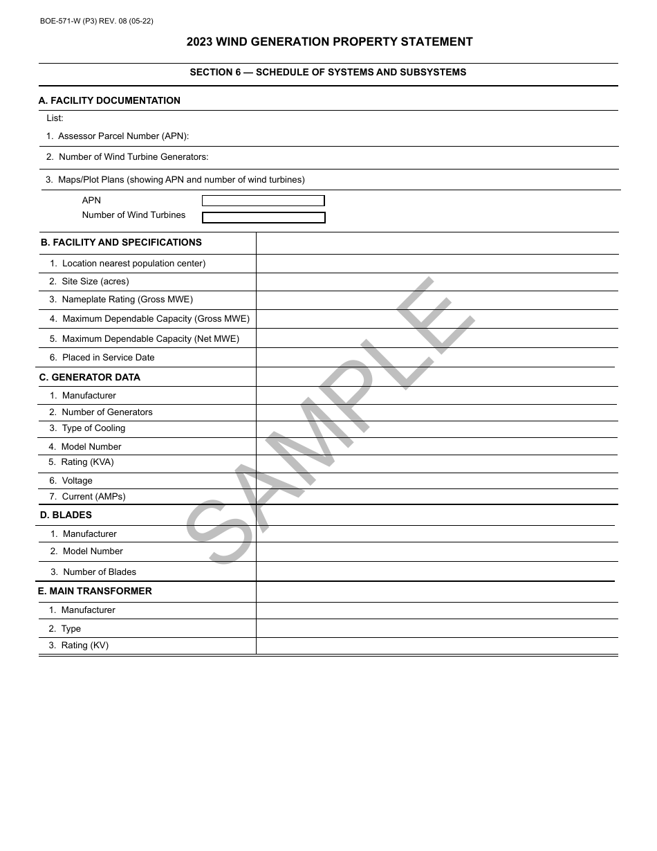 Form BOE-571-W Wind Generation Property Statement - Sample - California, Page 3
