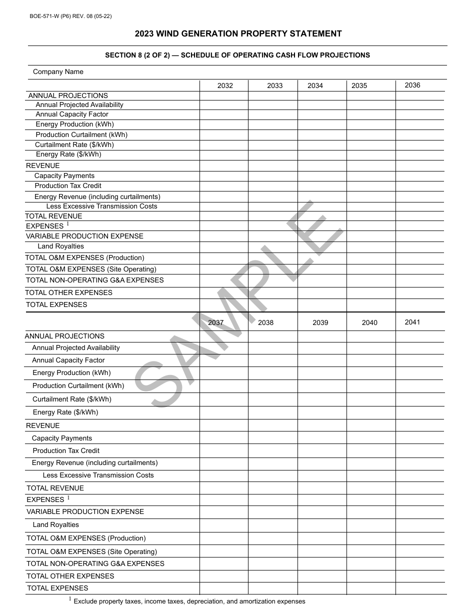 Form BOE-571-W Wind Generation Property Statement - Sample - California, Page 6
