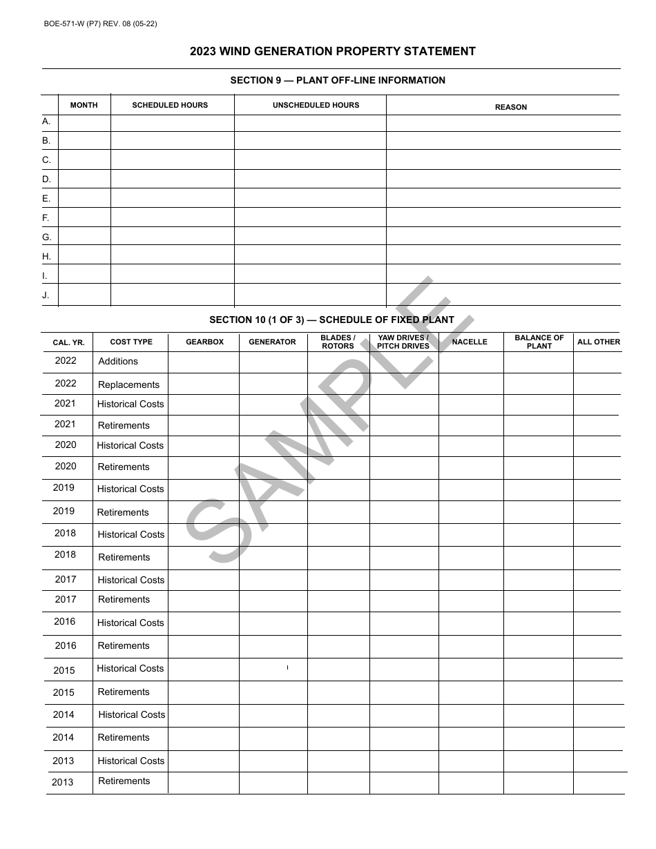 Form BOE-571-W Wind Generation Property Statement - Sample - California, Page 7