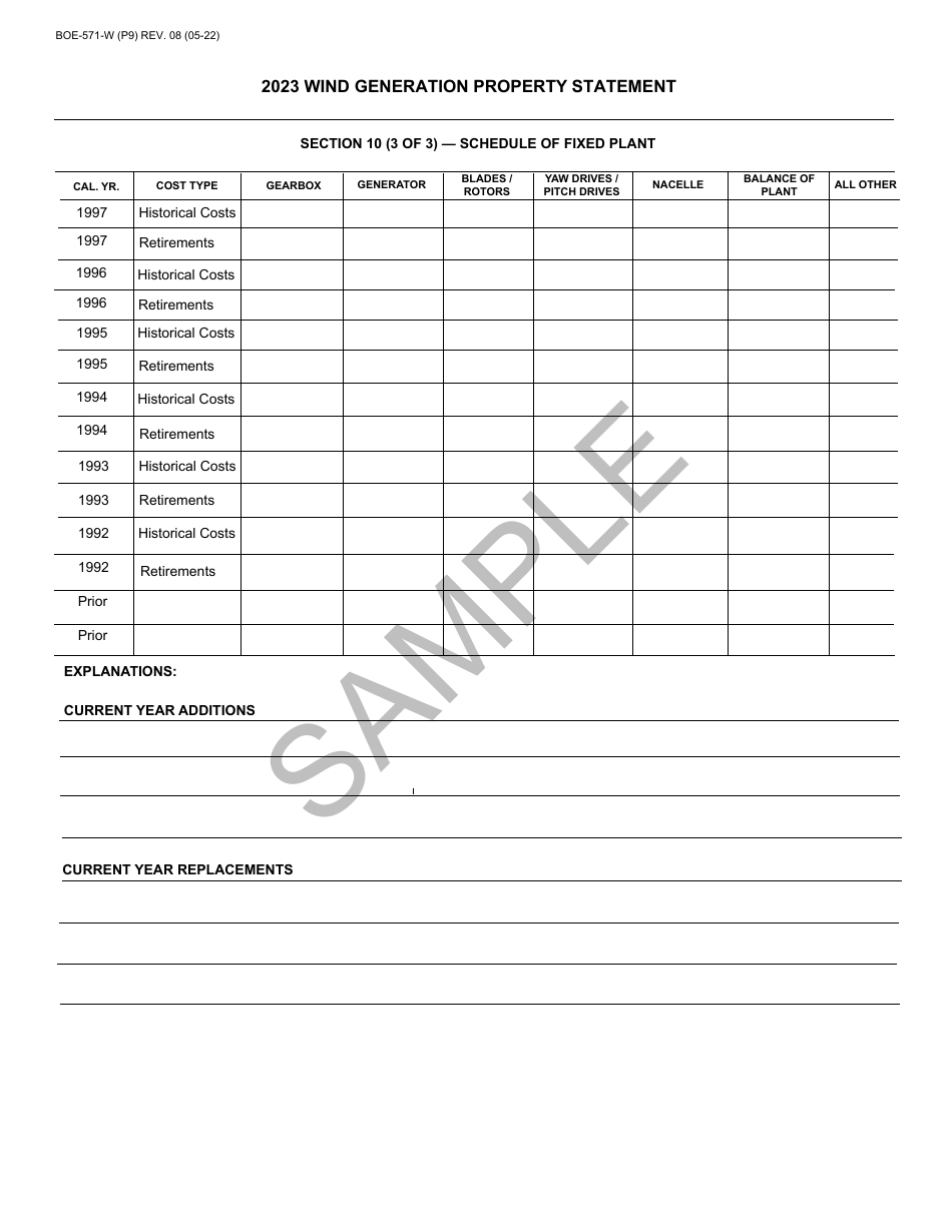 Form BOE-571-W Wind Generation Property Statement - Sample - California, Page 9