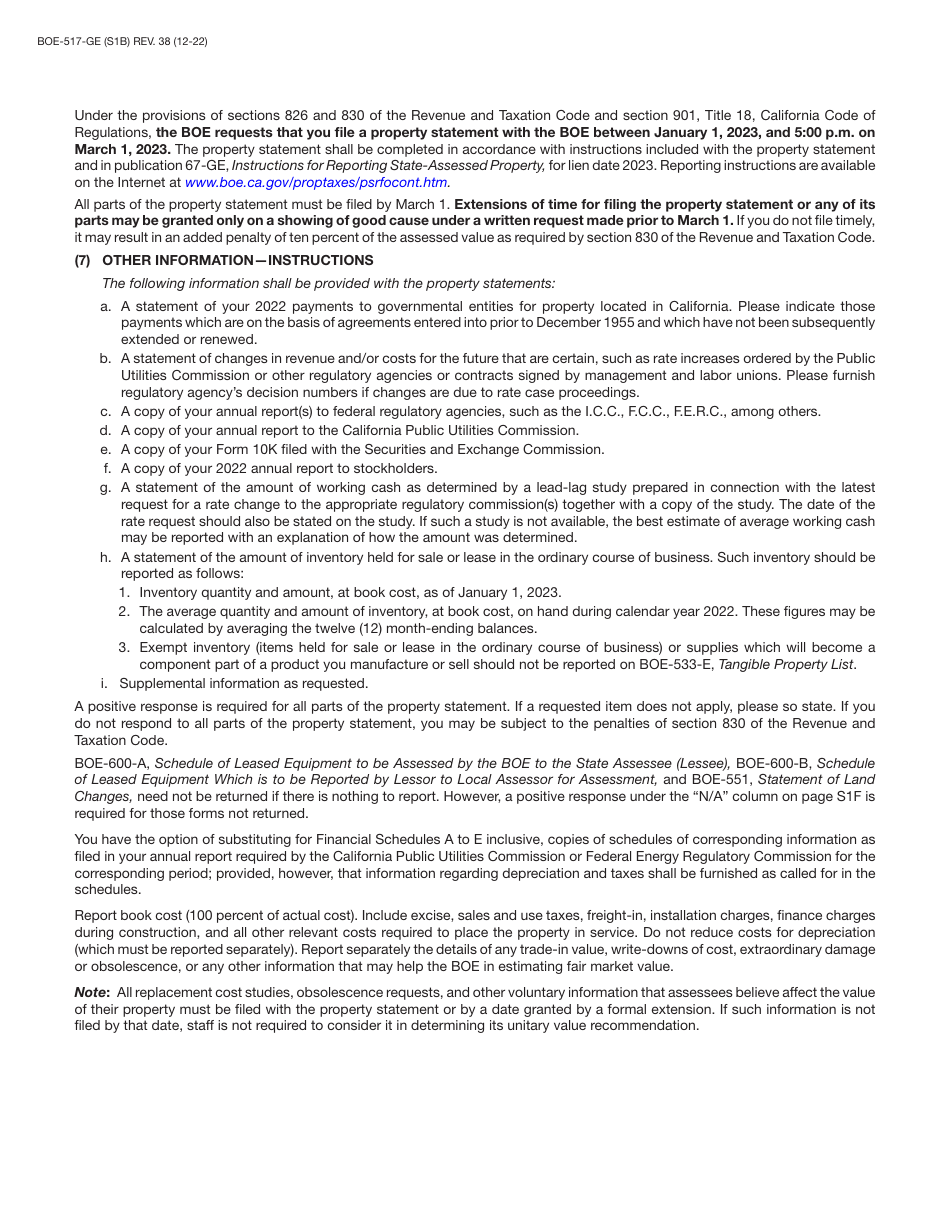 Form BOE-517-GE Property Statement - Gas and / or Electric Companies - California, Page 2