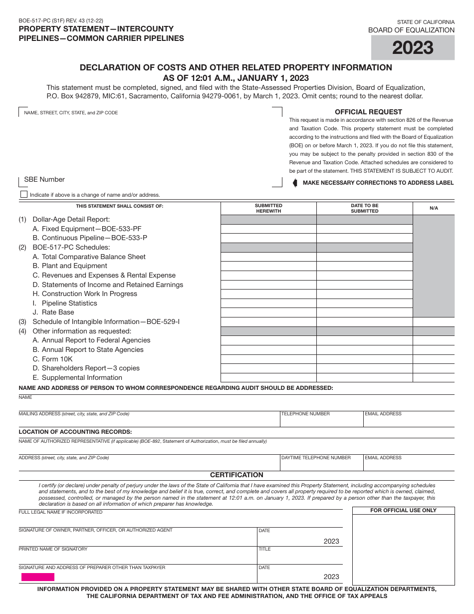 Form BOE-517-PC Property Statement - Intercounty Pipelines - Common Carrier Pipelines - California, Page 1