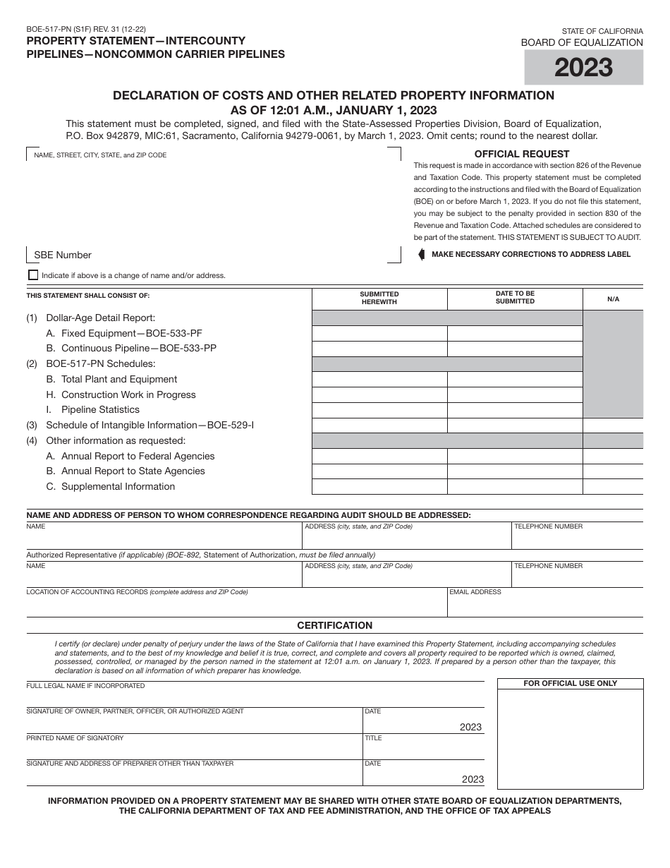 Form BOE-517-PN Property Statement - Intercounty Pipelines - Noncommon Carrier Pipelines - California, Page 1