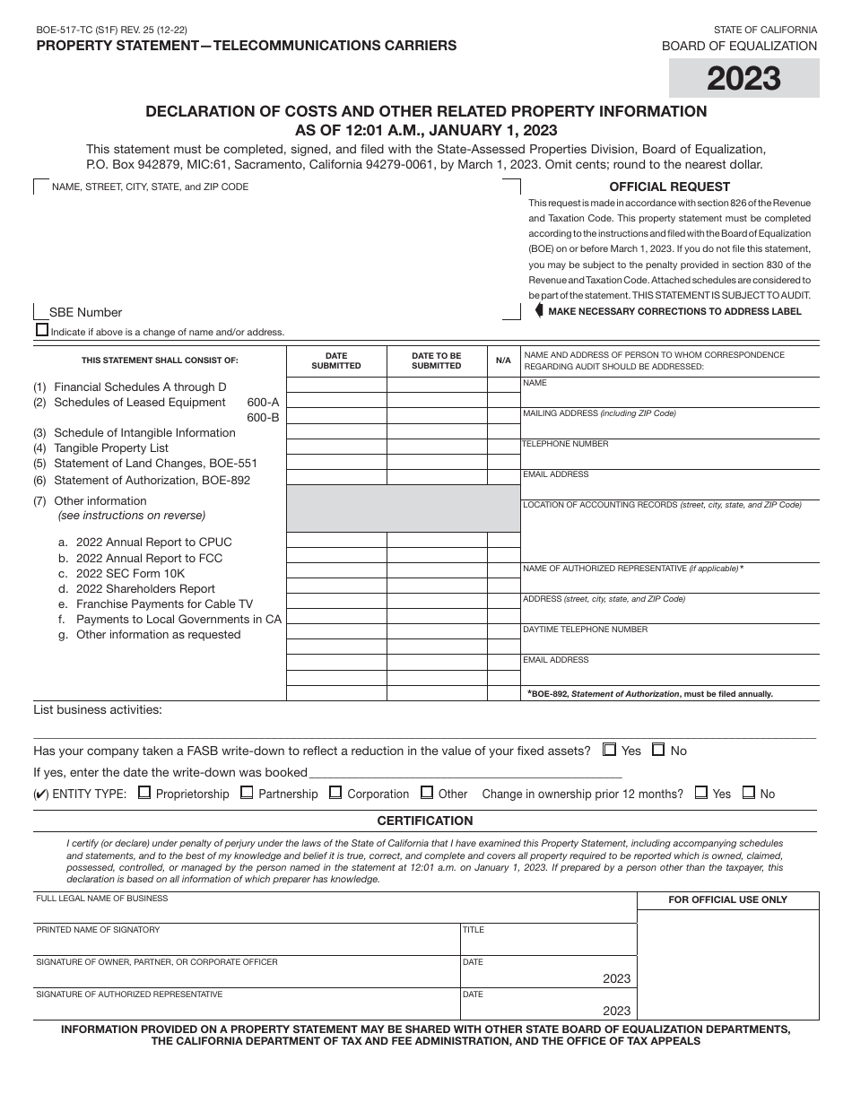 Form BOE-517-TC Property Statement - Telecommunications Carriers - California, Page 1