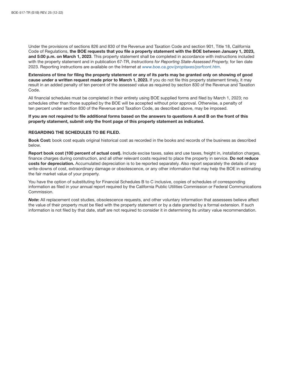 Form BOE-517-TR Property Statement - Telecommunications - Short Form - California, Page 2