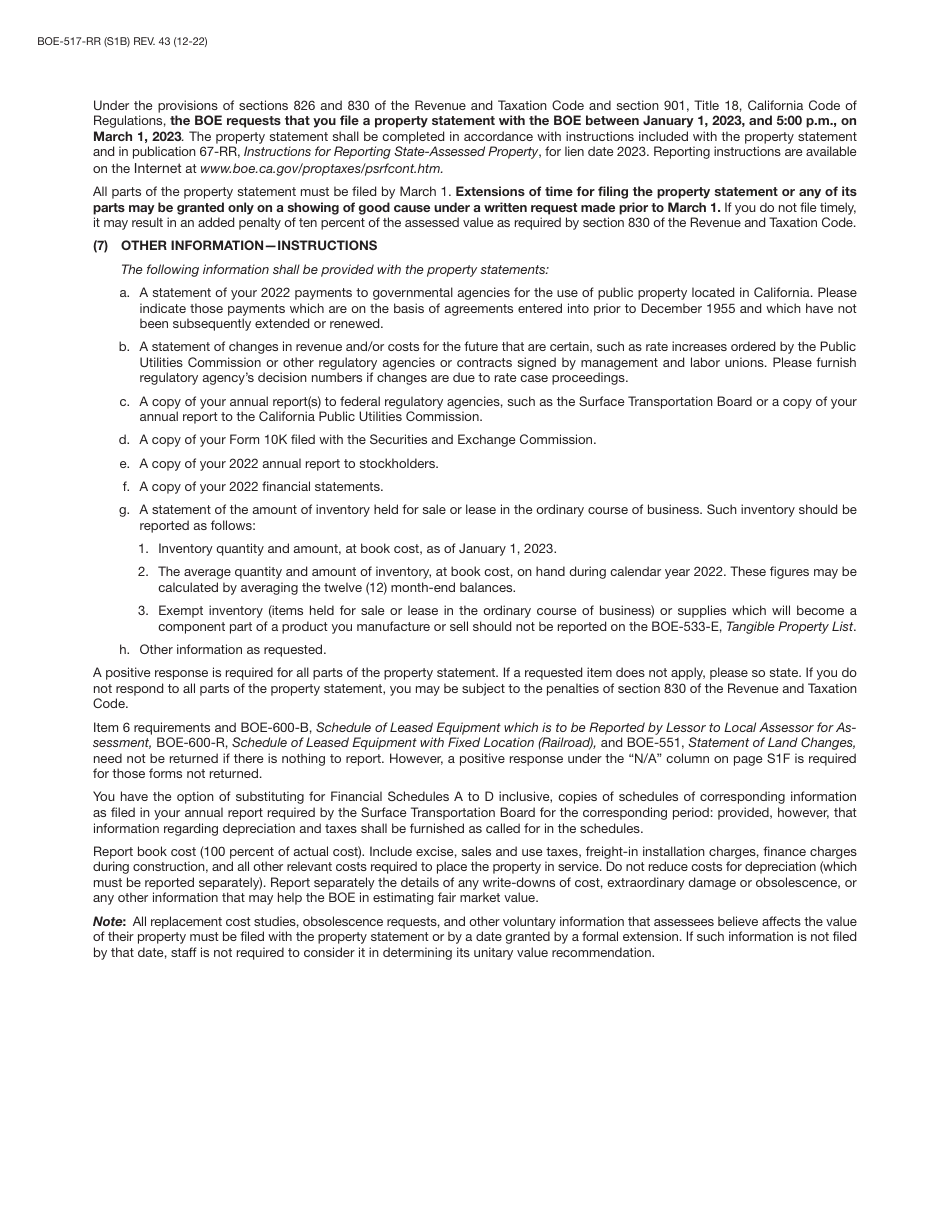 Form BOE-517-RR Property Statement - Railroads - California, Page 2
