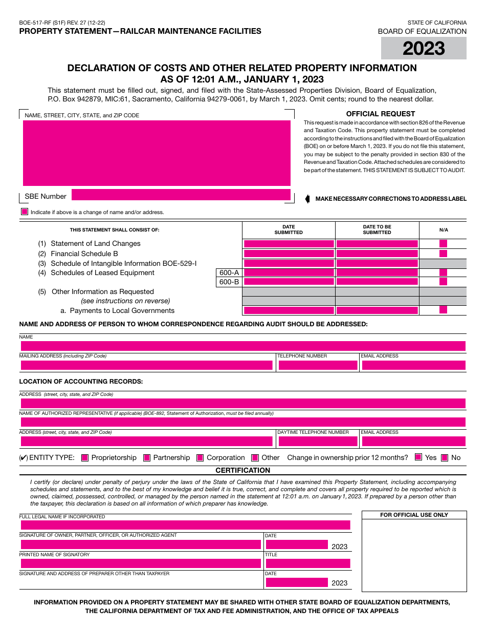 Form BOE-517-RF Property Statement - Railcar Maintenance Facilities - California, Page 1