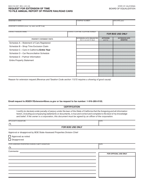 Form BOE-519-EXT Request for Extension of Time to File Annual Report of Private Railroad Cars - California