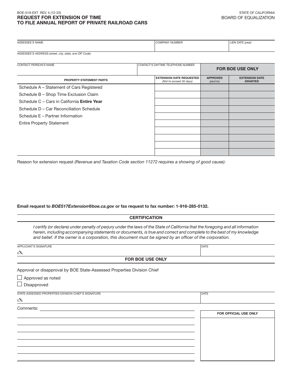 Form BOE-519-EXT Request for Extension of Time to File Annual Report of Private Railroad Cars - California, Page 1