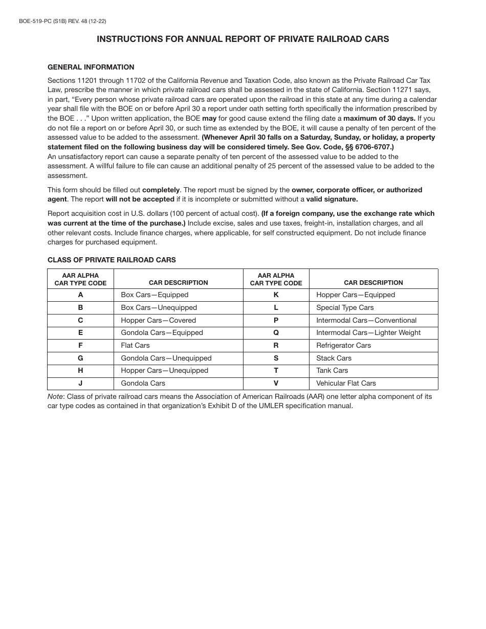 Form BOE-519-PC Annual Report of Private Railroad Cars - California, Page 2