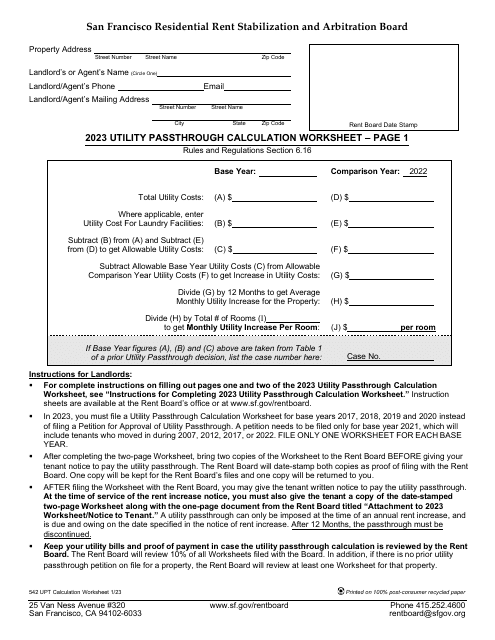 Form 542 Utility Passthrough Calculation Worksheet - City and County of San Francisco, California, 2023