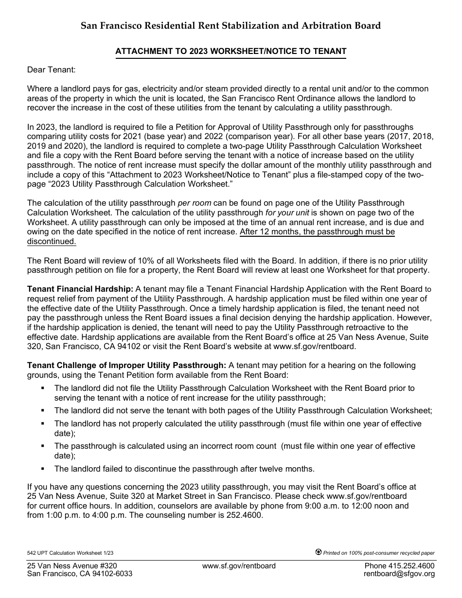 Form 542 Utility Passthrough Calculation Worksheet - City and County of San Francisco, California, Page 3