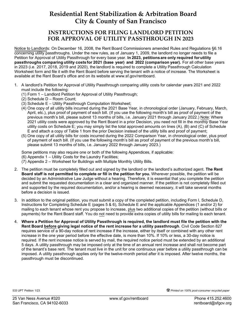 Form 1 (533) Utility Passthrough Petition - City and County of San Francisco, California, Page 1