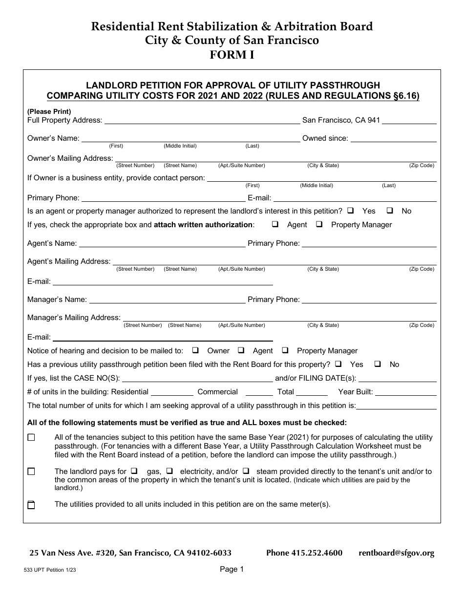 Form 1 (533) Utility Passthrough Petition - City and County of San Francisco, California, Page 2