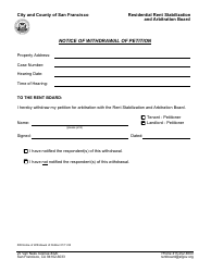 Form 585 Notice of Withdrawal of Petition - Tenant or Landlord - City and County of San Francisco, California