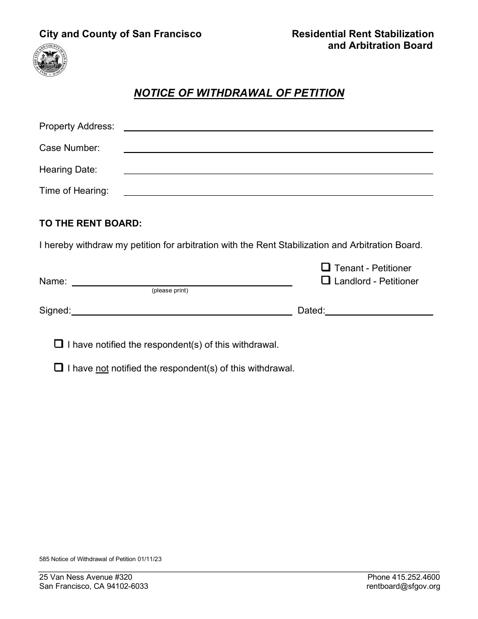 Form 585 Notice of Withdrawal of Petition - Tenant or Landlord - City and County of San Francisco, California, Page 1