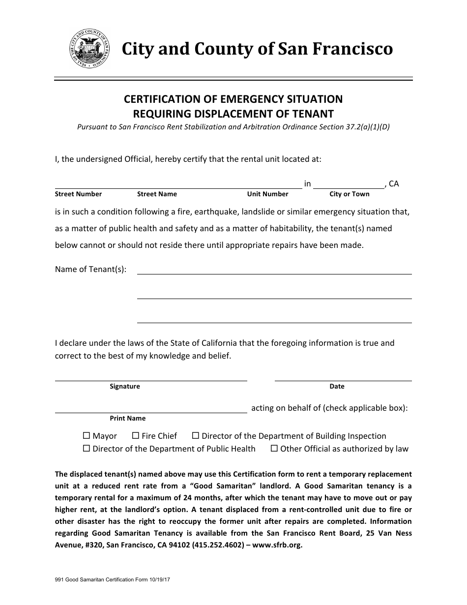 Form 990 Good Samaritan Tenancy Information and Certification Form - City and County of San Francisco, California, Page 2