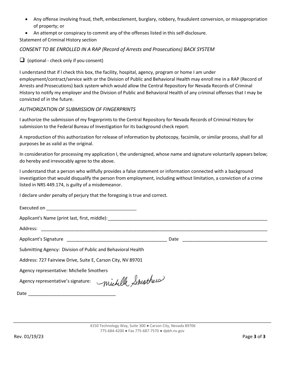 Notice of Noncriminal Justice Applicants Rights, Consents and Self Disclosure of Criminal History - Nevada, Page 3