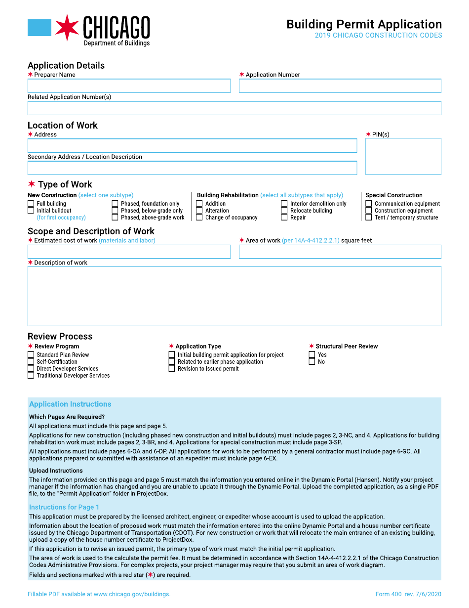 Form 400 Building Permit Application - City of Chicago, Illinois, Page 1