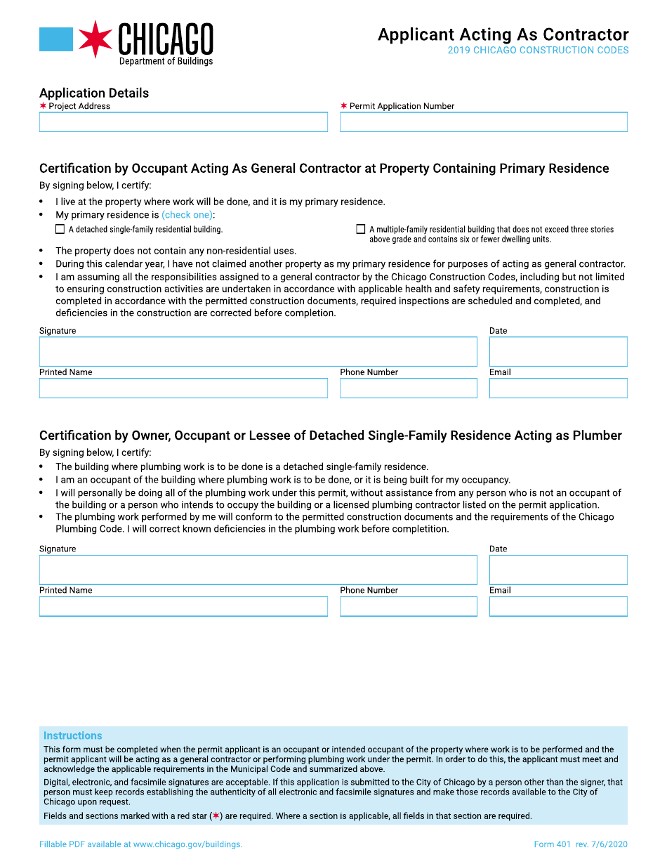 Form 401 Applicant Acting as Contractor - City of Chicago, Illinois, Page 1