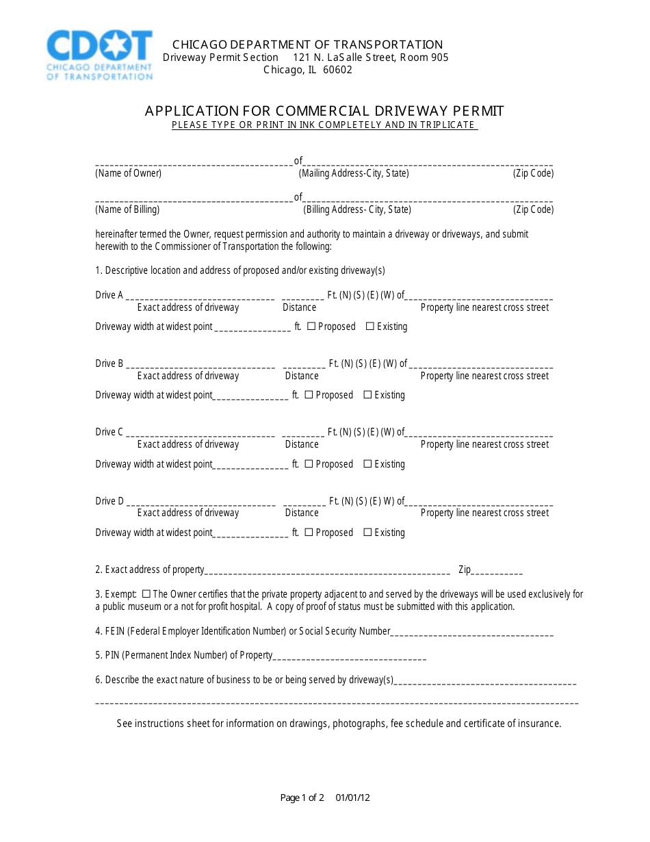 City of Chicago, Illinois Application for Commercial Driveway Permit