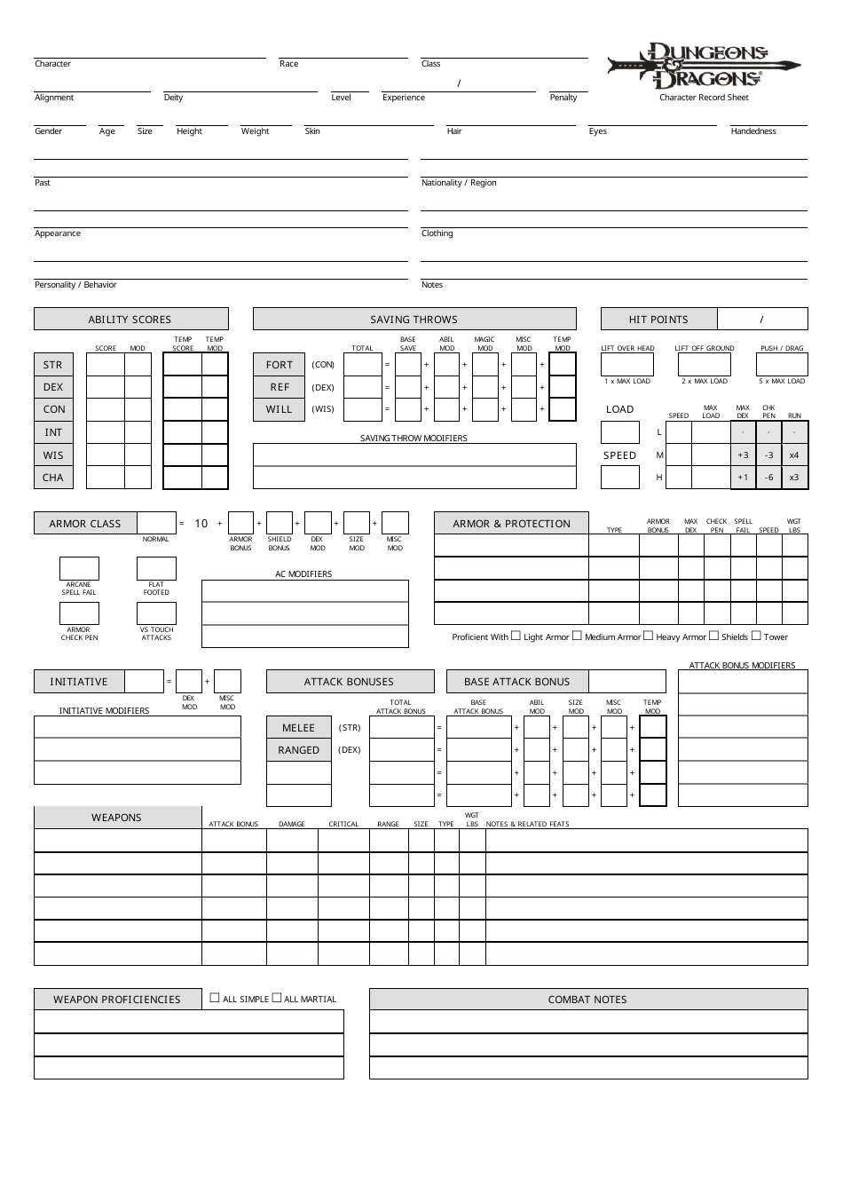 Dungeons and Dragons 3.5 Character Sheet Version 2 Download Printable