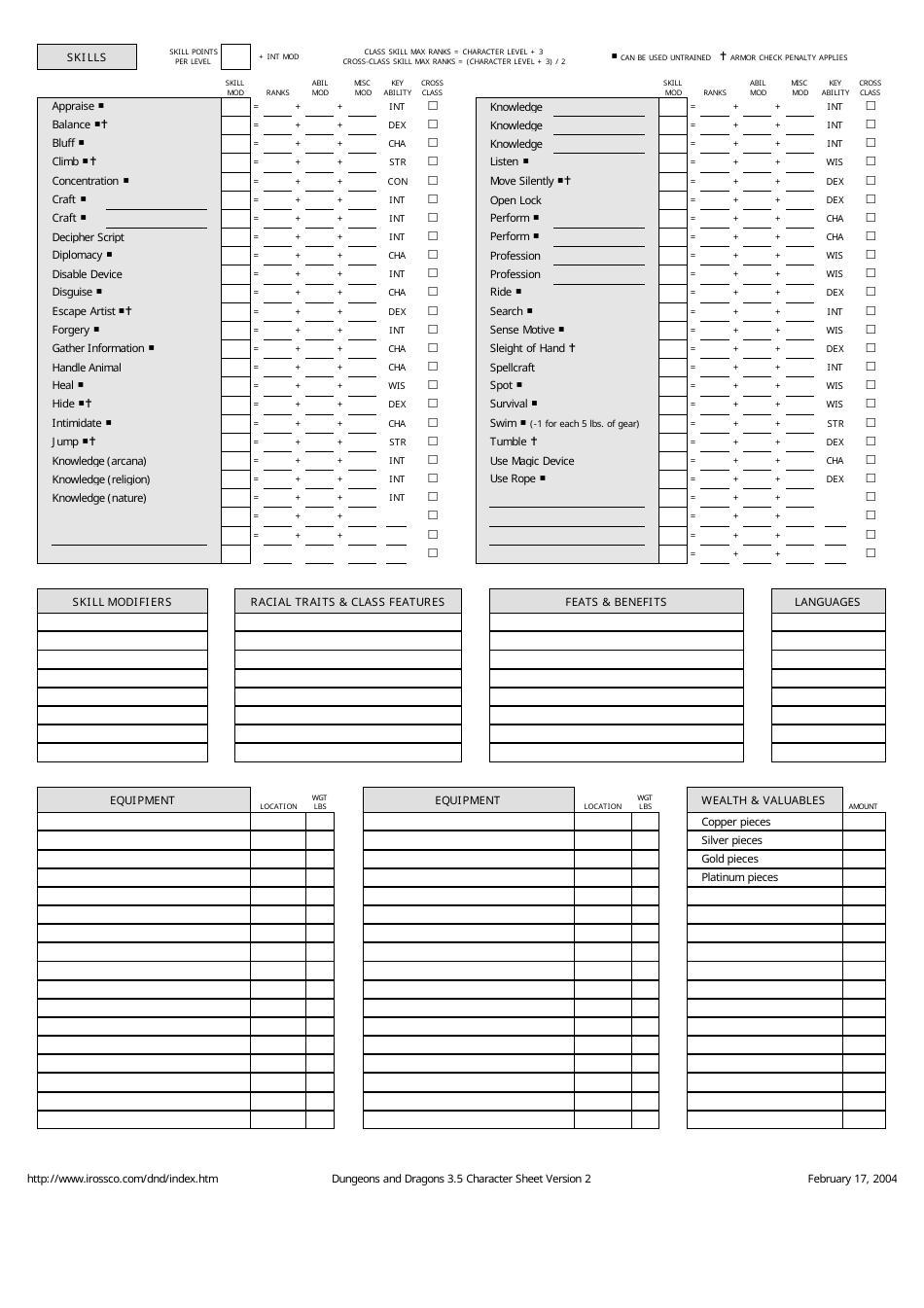 Dungeons and Dragons 3.5 Character Sheet Version 2 Download Printable