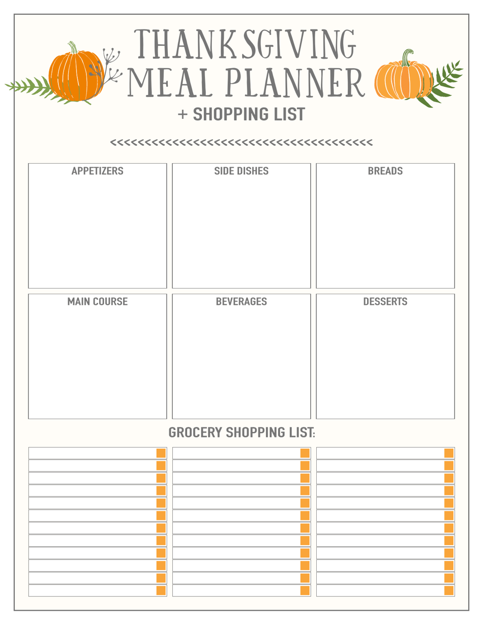 Thanksgiving Meal Planner and Shopping List Download Printable PDF