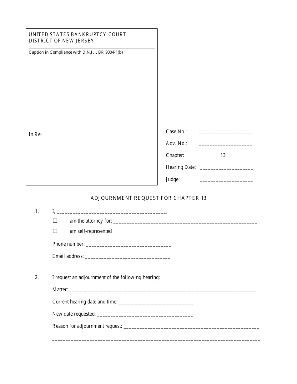 New Jersey Adjournment Request for Chapter 13 Fill Out, Sign Online