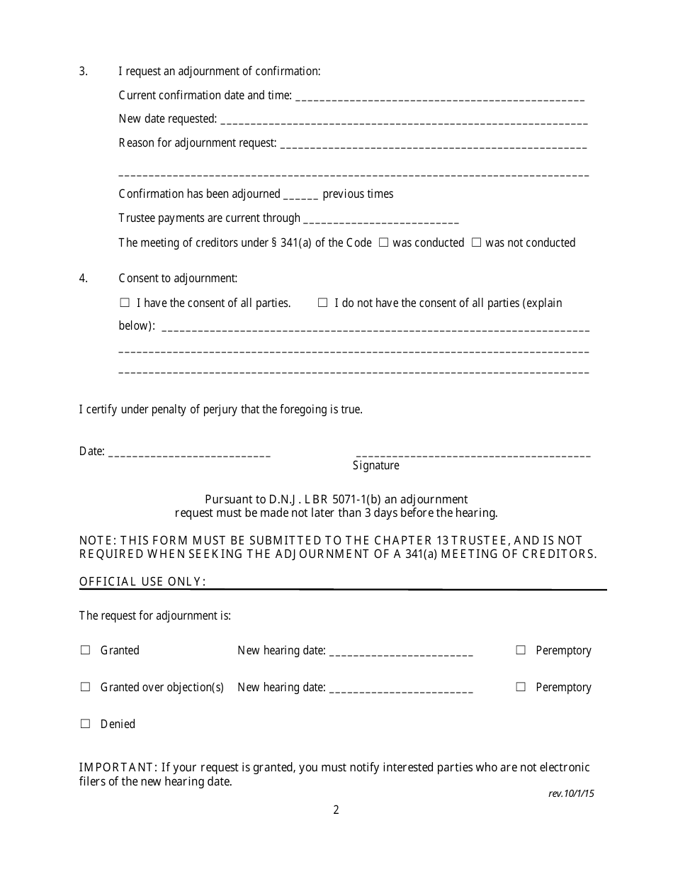 New Jersey Adjournment Request for Chapter 13 - Fill Out, Sign Online ...