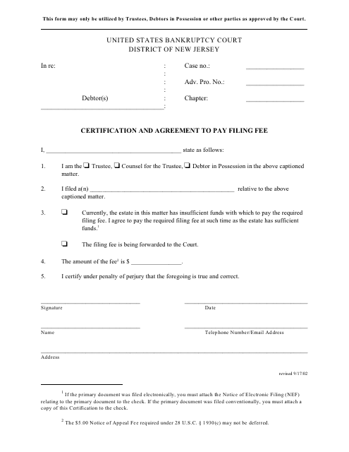 Certification and Agreement to Pay Filing Fee - New Jersey Download Pdf
