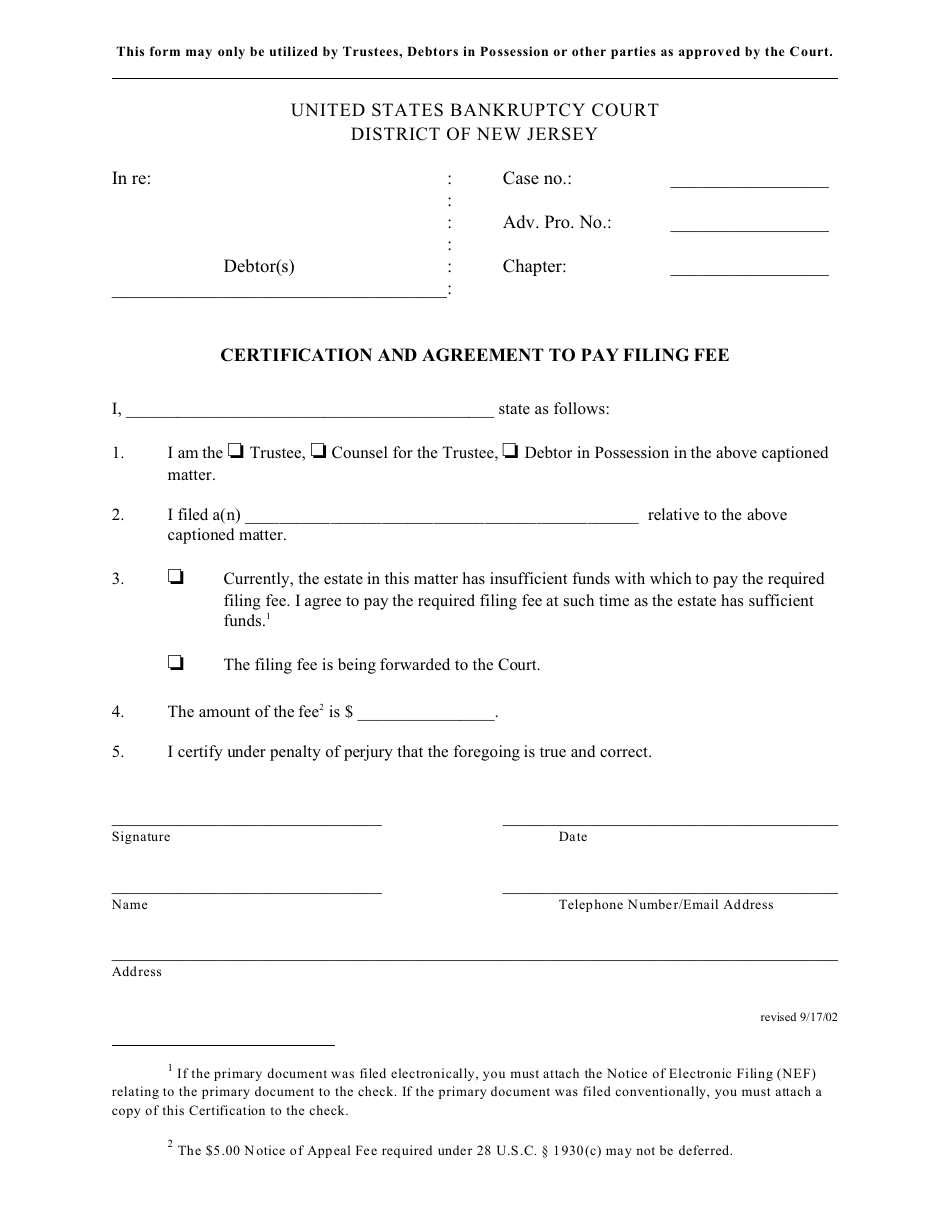 New Jersey Certification and Agreement to Pay Filing Fee Fill Out, Sign Online and Download