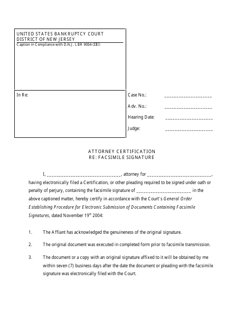 Attorney Certification Re: Facsimile Signature - New Jersey Download Pdf