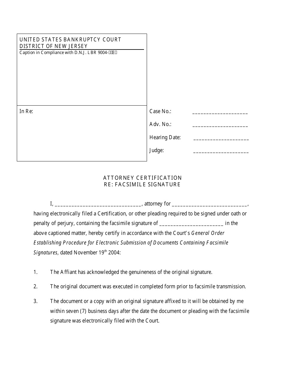 Attorney Certification Re: Facsimile Signature - New Jersey, Page 1