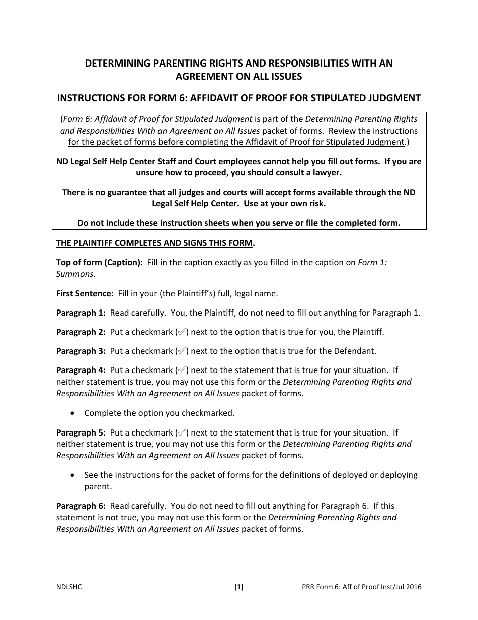 PRR Form 6 Affidavit of Proof for Stipulated Judgment - North Dakota, Page 1