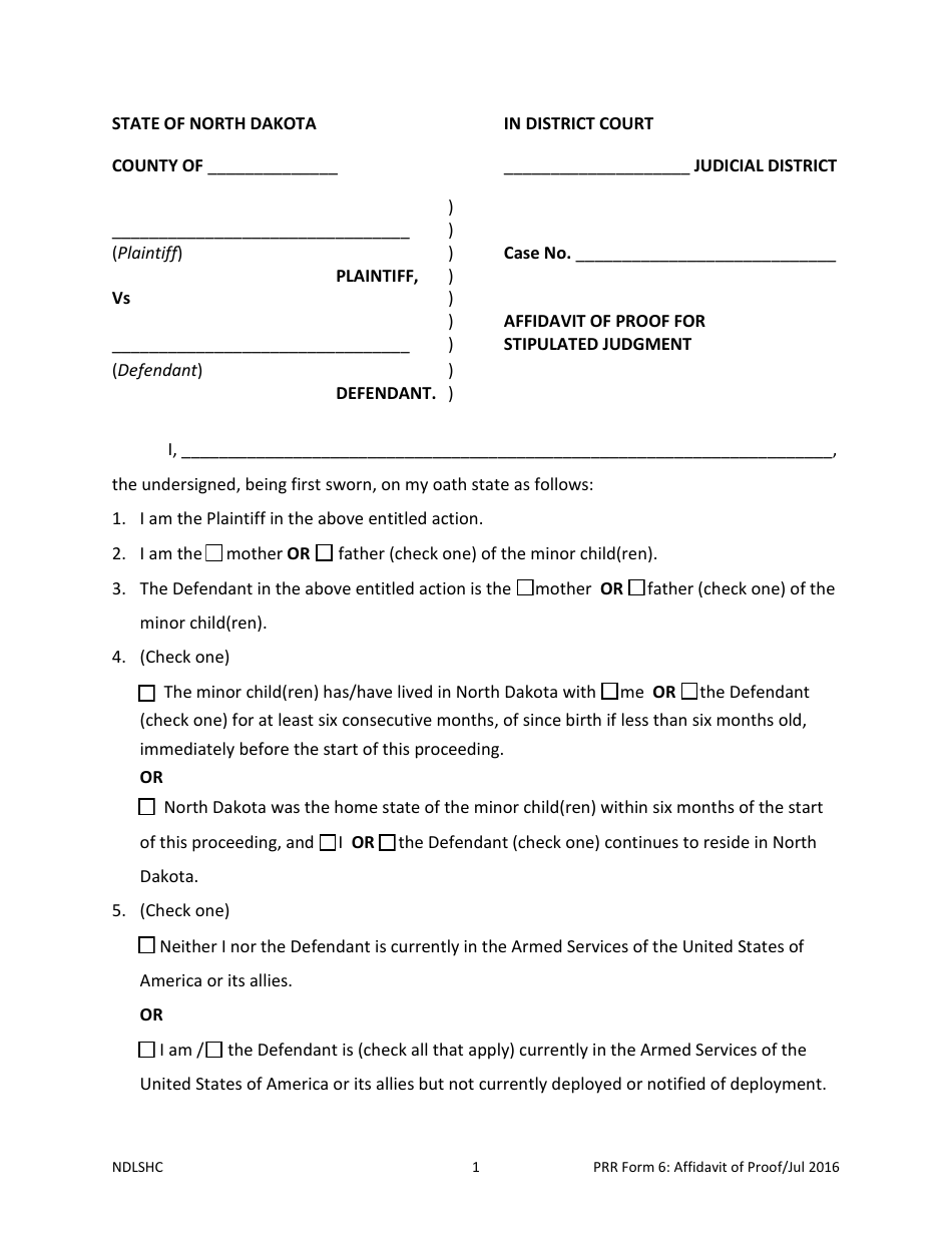 PRR Form 6 Affidavit of Proof for Stipulated Judgment - North Dakota, Page 3
