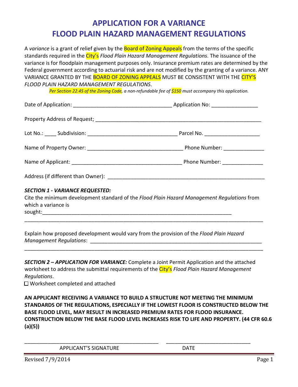 Montana Application for a Variance Flood Plain Hazard Management ...